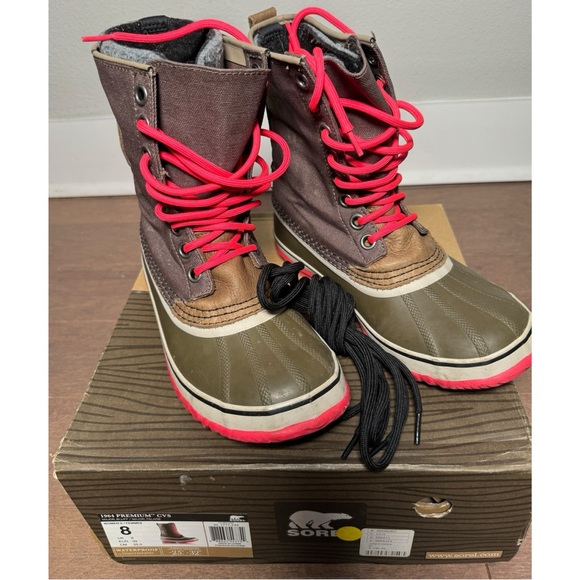 Sorel 1964 Premium CVS Boots in Brown with Bright Pink